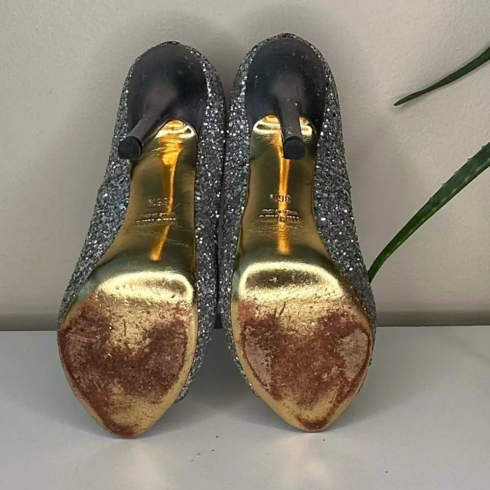 ✨ Miu Miu Silver Glitter Peep-Toe Heels 36.5 (US 6.5) Designer Party Shoes Italy - Picture 8 of 13